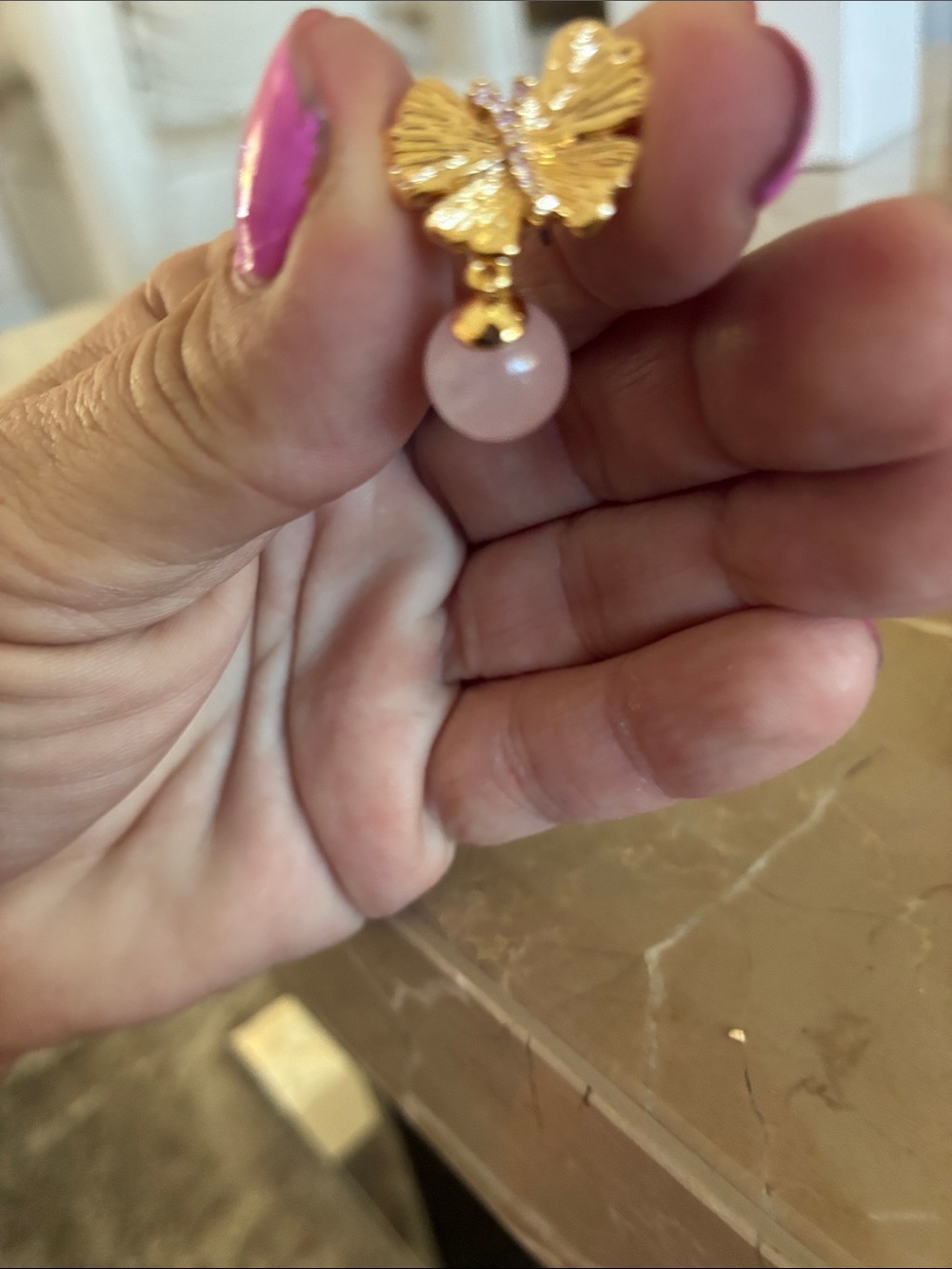 Anabel Aram butterfly rose quartz drop earrings. 18 karat gold plated. - Picture 6 of 6